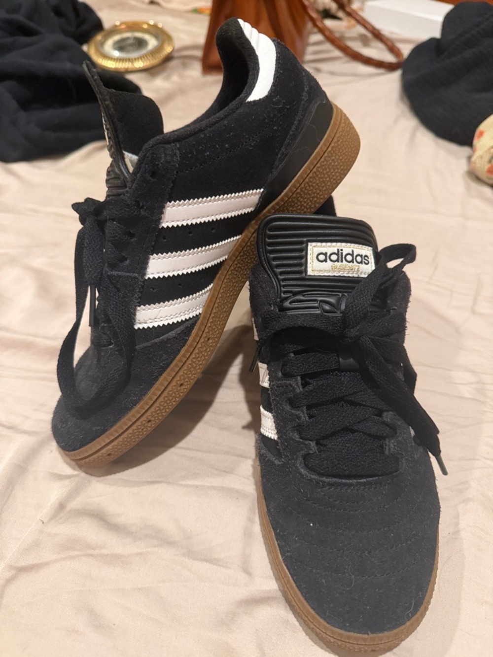 adidas Black Suede Sneakers with White Stripes and Gum Sole